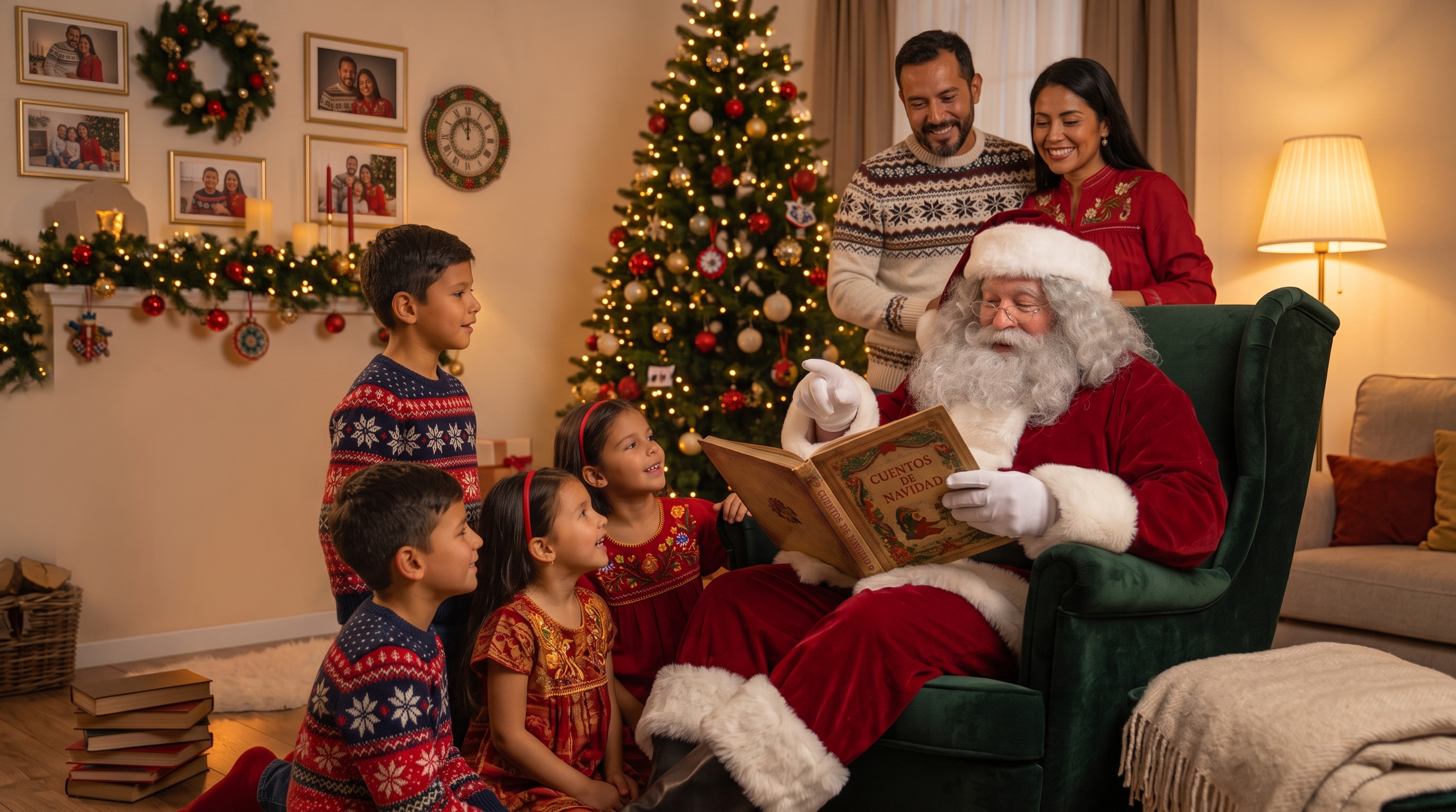 Santa Claus junto a chimenea leyendo cartas